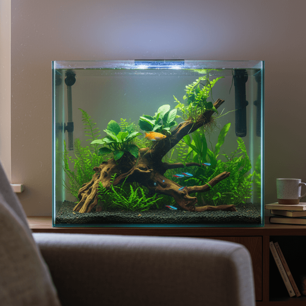 Freshwater aquarium with clear water, live plants, and healthy fish in a Bloomington living room