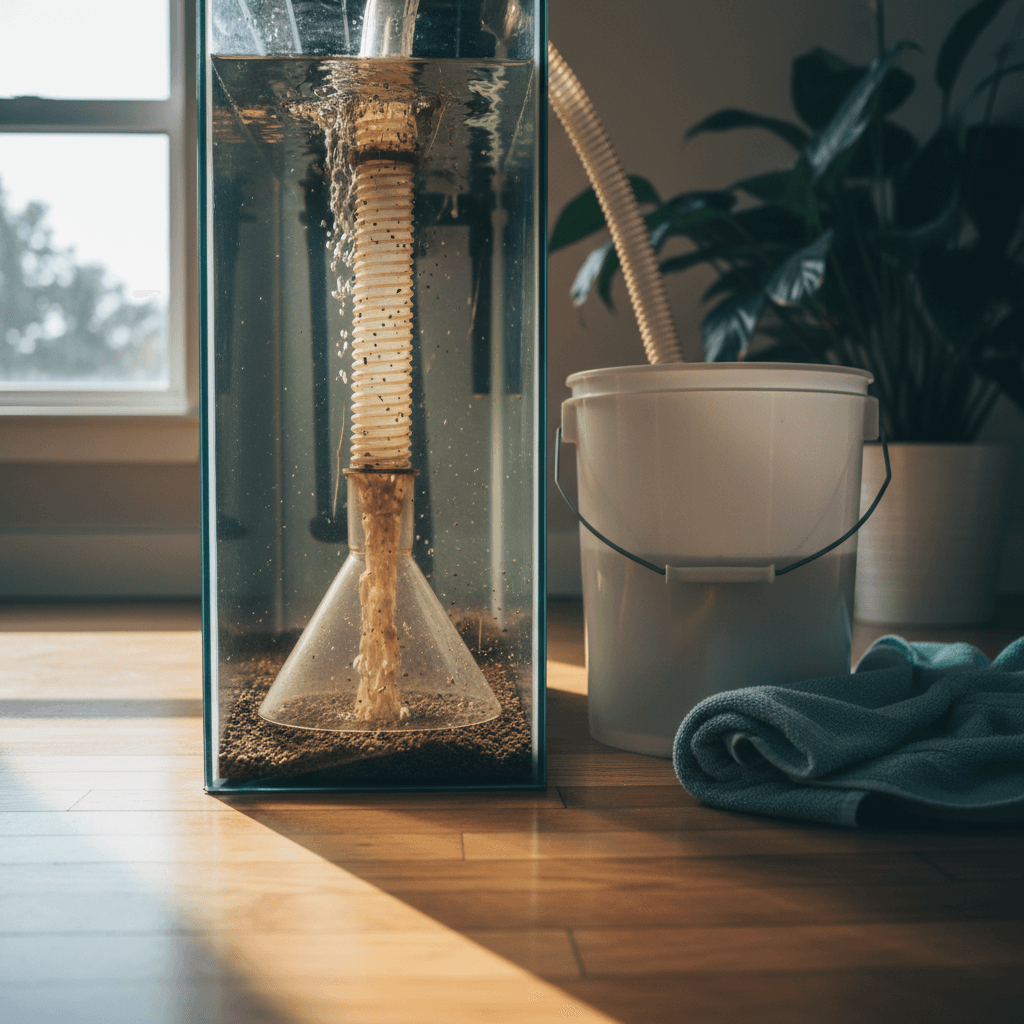 Aquarium water change in progress with siphon gravel vacuum and bucket