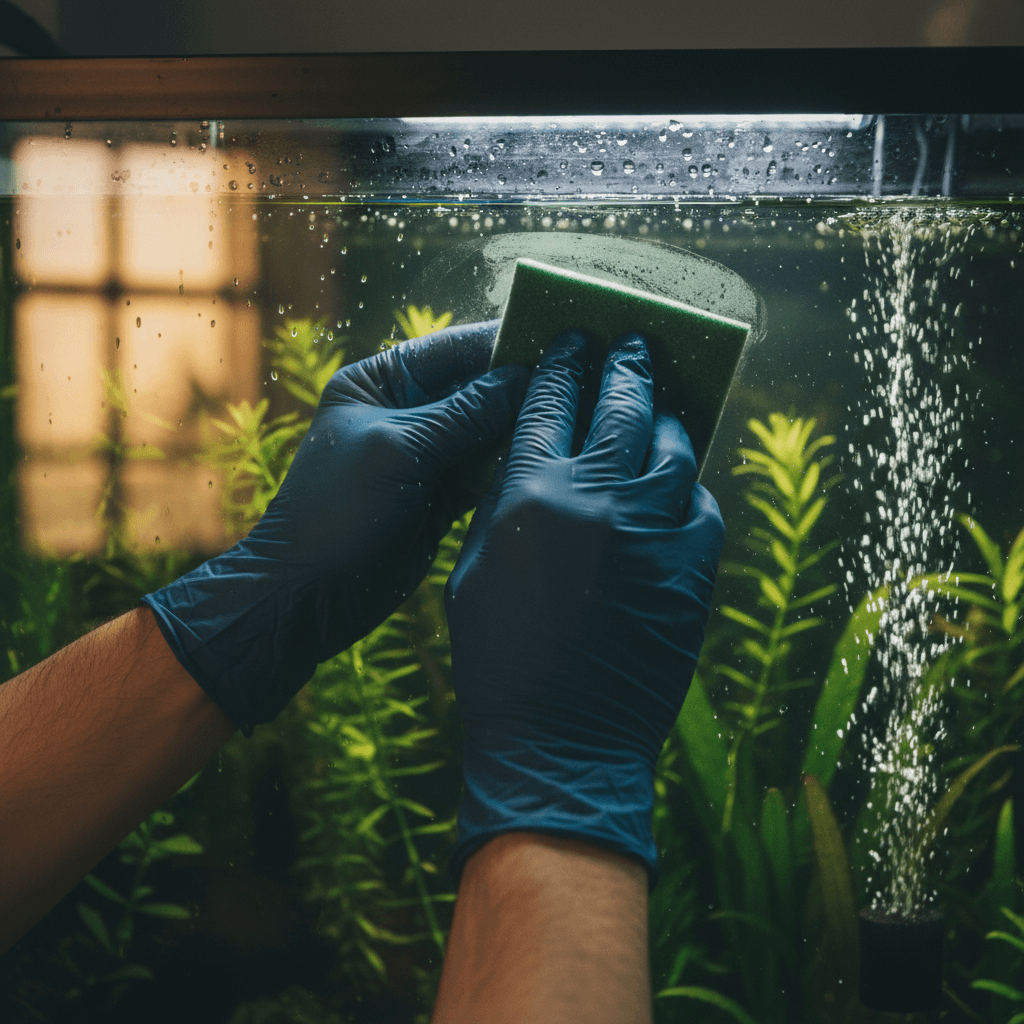 Close-up of aquarium glass cleaning by a professional service provider