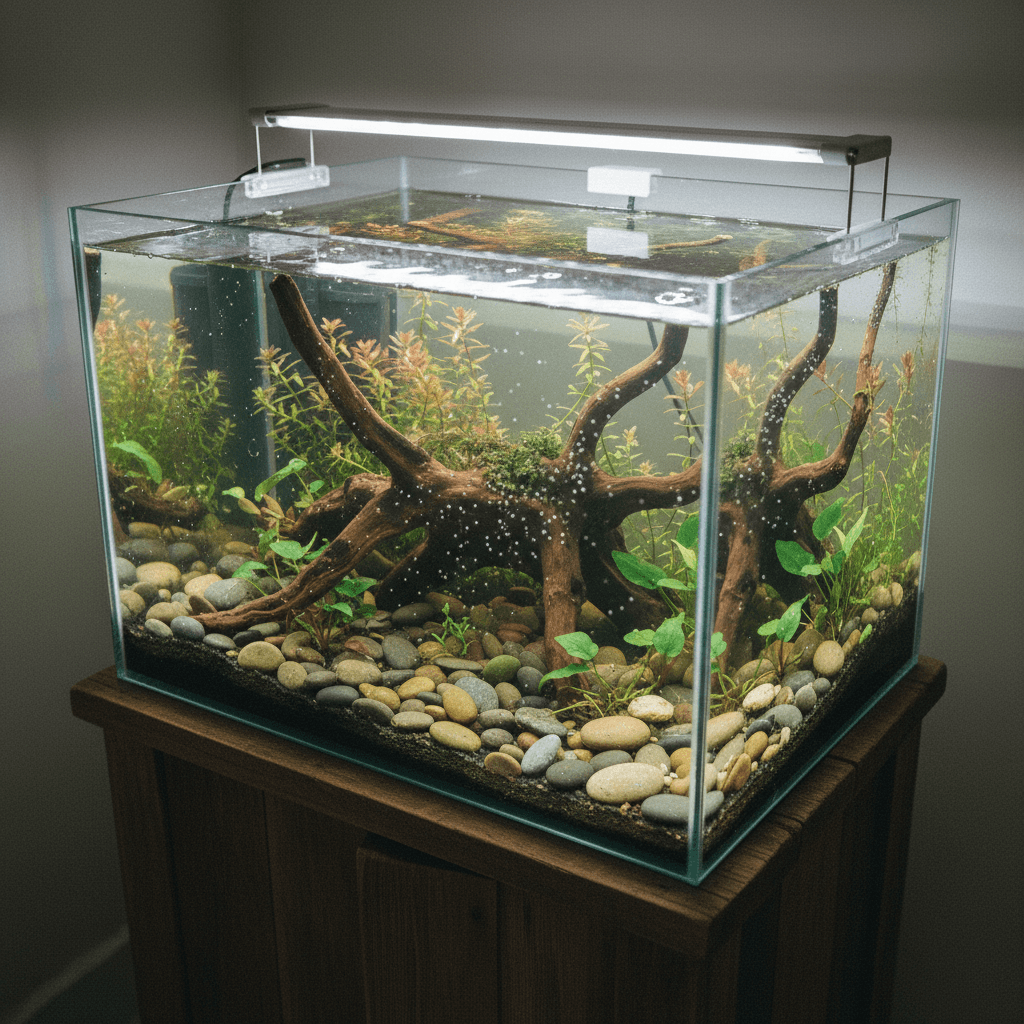 New freshwater aquarium setup with aquascape, driftwood, and live plants